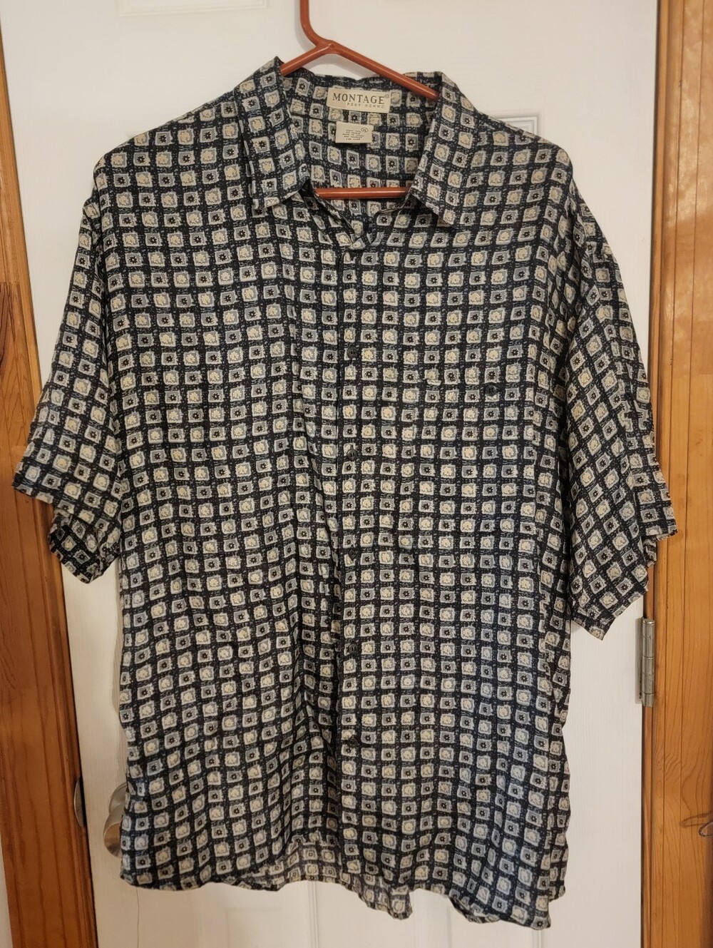 Montage Pour Homme SILK Men's Geometric 90s  Vintage Blue Floral Shirt XL